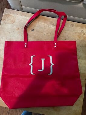 Thirty-One Around Town Tote Red Monogram Initial J Large Shoulder Bag EUC
